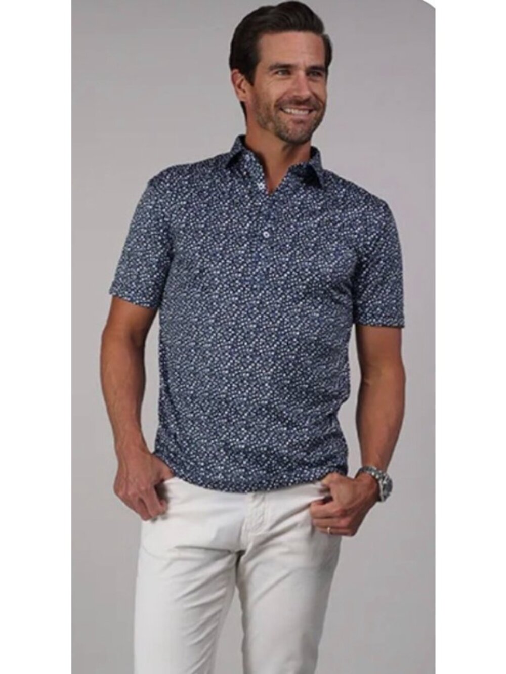 Collars & Co. Mens Navy & White Floral Polo Shirt Short Sleeve Size S